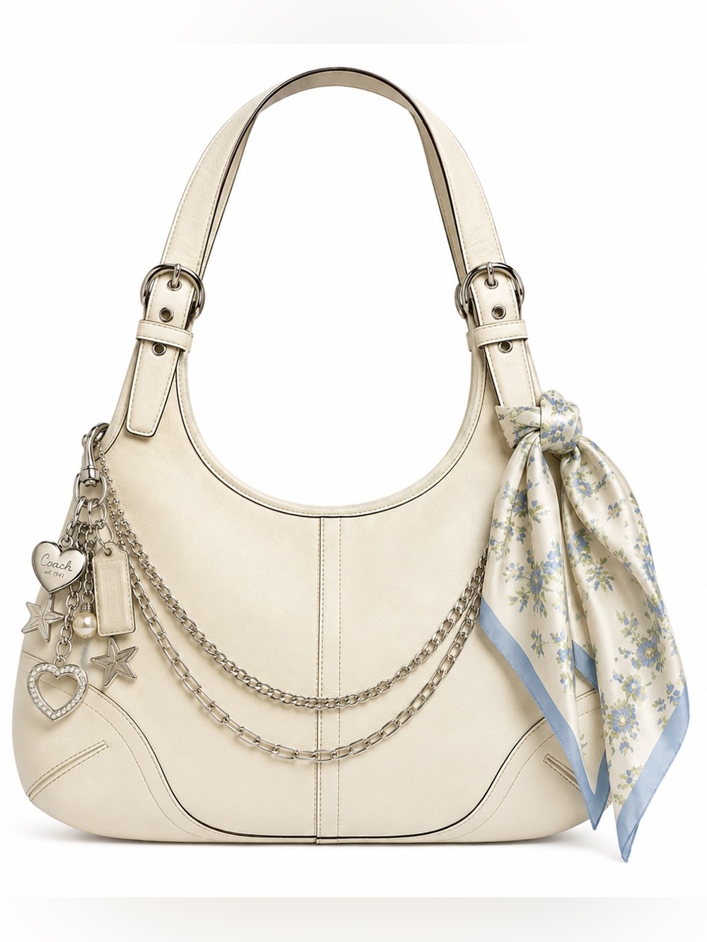 Vintage Coach Ivory Leather Hobo Shoulder Bag Cream Silver Hardware Y2K